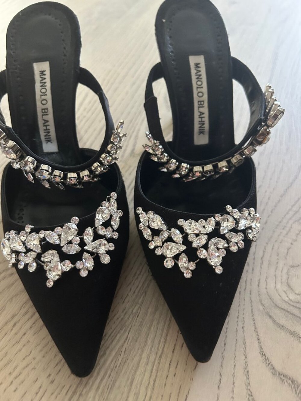 Manolo Blahnik Lurum Black Satin Crystal Embellished Mule Heels 37